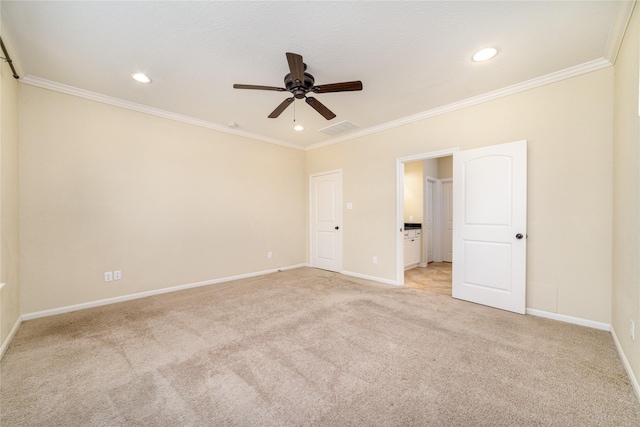 19503 S Coral Honeysuckle Loop, Cypress, TX 77433 - unfurnished bedroom featuring light colored carpet, crown molding, recessed lighting, and a ceiling fan