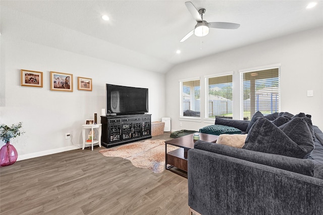 225 Big Spring Dr, Anahuac, TX 77514 - living area featuring a ceiling fan, wood finished floors, lofted ceiling, and recessed lighting