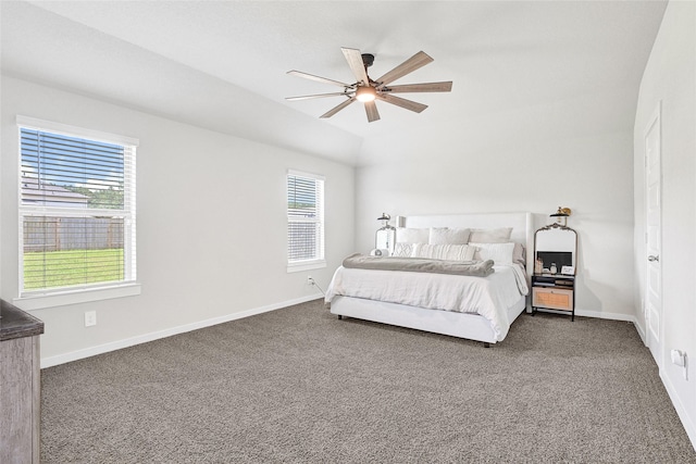 225 Big Spring Dr, Anahuac, TX 77514 - bedroom featuring dark colored carpet, lofted ceiling, and a ceiling fan