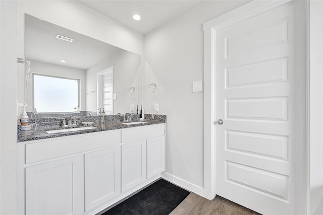 225 Big Spring Dr, Anahuac, TX 77514 - bathroom featuring double vanity, recessed lighting, and wood finished floors