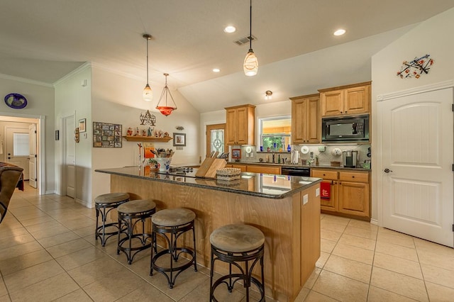 33 Lakeside, Trinity, TX 75862 - kitchen featuring black appliances, a kitchen breakfast bar, light tile patterned floors, recessed lighting, and decorative backsplash