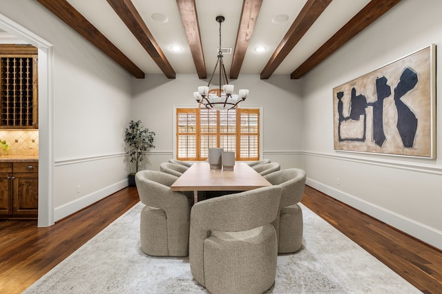 1013 Mulberry Ln, Bellaire, TX 77401 - dining space with beamed ceiling, dark wood-style flooring, a chandelier, and recessed lighting