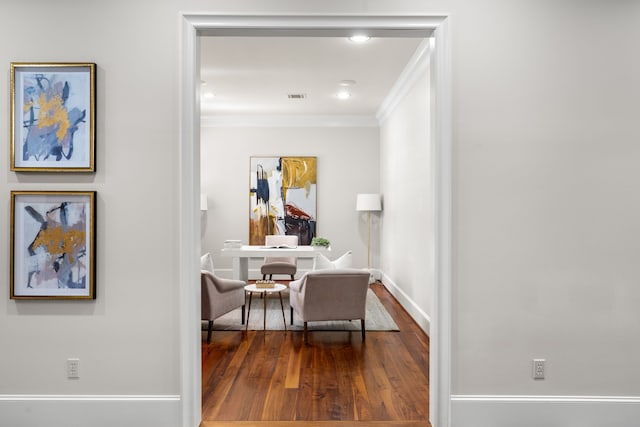 1013 Mulberry Ln, Bellaire, TX 77401 - hallway with ornamental molding, wood finished floors, and a desk