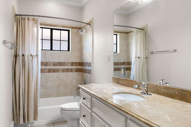 1013 Mulberry Ln, Bellaire, TX 77401 - bathroom featuring vanity, ornamental molding, and shower / bath combination with curtain