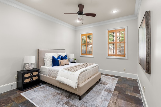 1013 Mulberry Ln, Bellaire, TX 77401 - bedroom with stone tile floors, crown molding, recessed lighting, and ceiling fan