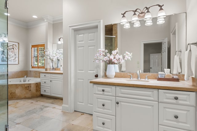 1013 Mulberry Ln, Bellaire, TX 77401 - bathroom featuring ornamental molding, vanity, a garden tub, and tile patterned floors