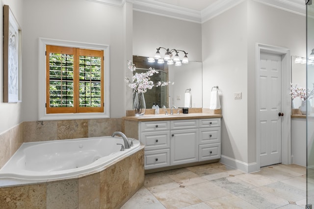 1013 Mulberry Ln, Bellaire, TX 77401 - full bath with ornamental molding, vanity, a garden tub, and a chandelier