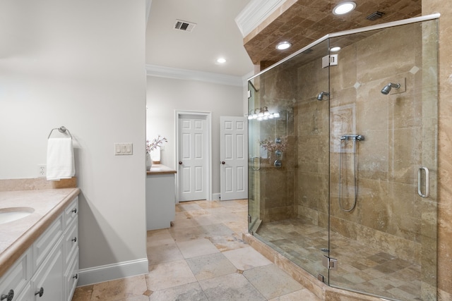 1013 Mulberry Ln, Bellaire, TX 77401 - full bath with vanity, crown molding, a shower stall, and recessed lighting