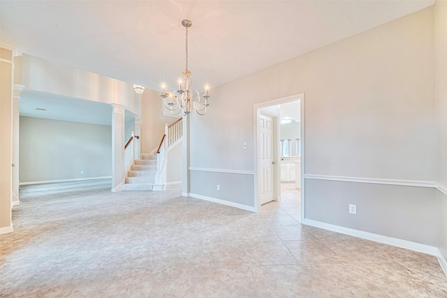 1814 Ferndale Lake Ct, Richmond, TX 77406 - unfurnished room with stairway, a chandelier, and ornate columns