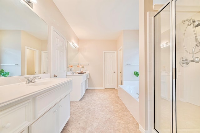 1814 Ferndale Lake Ct, Richmond, TX 77406 - full bathroom featuring two vanities, a shower stall, a bath, and tile patterned flooring