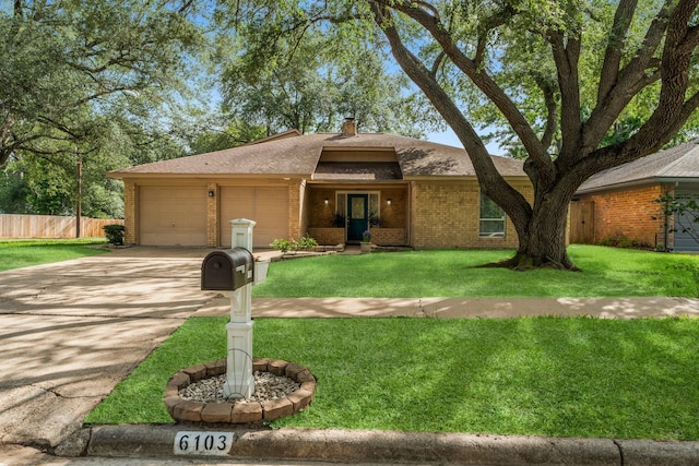 6103 Sunnygate Dr, Spring, TX 77373 - view of front facade with brick siding, concrete driveway, an attached garage, a shingled roof, and a chimney