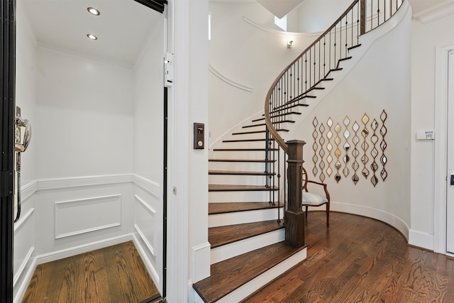 854 Dunleigh Meadows Ln, Houston, TX 77055 - stairway with elevator, wood finished floors, recessed lighting, and wainscoting