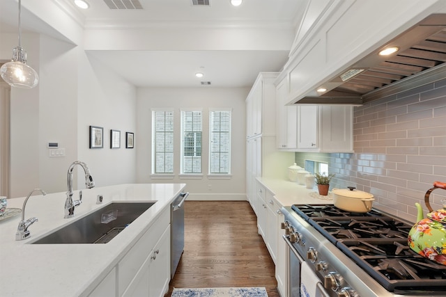 854 Dunleigh Meadows Ln, Houston, TX 77055 - kitchen featuring ventilation hood, appliances with stainless steel finishes, crown molding, dark wood finished floors, and white cabinetry