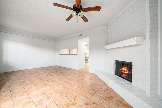 7700 Creekbend Dr Unit 6, Houston, TX 77071 - unfurnished living room with a textured ceiling, a fireplace, crown molding, and a ceiling fan