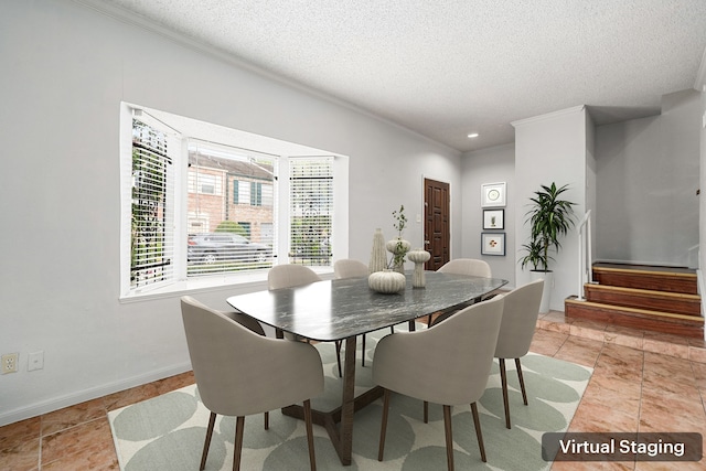 7700 Creekbend Dr Unit 6, Houston, TX 77071 - dining area featuring crown molding, a textured ceiling, and stairway