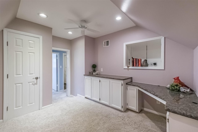 1711 Earl Of Dunmore St, Katy, TX 77449 - bar area featuring ceiling fan, light colored carpet, vaulted ceiling, and recessed lighting