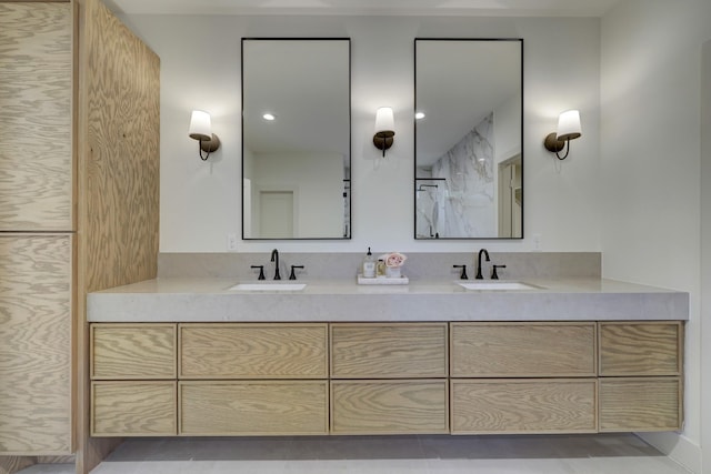6110 Yarwell Dr, Houston, TX 77096 - full bath featuring double vanity, a shower, and tile patterned floors