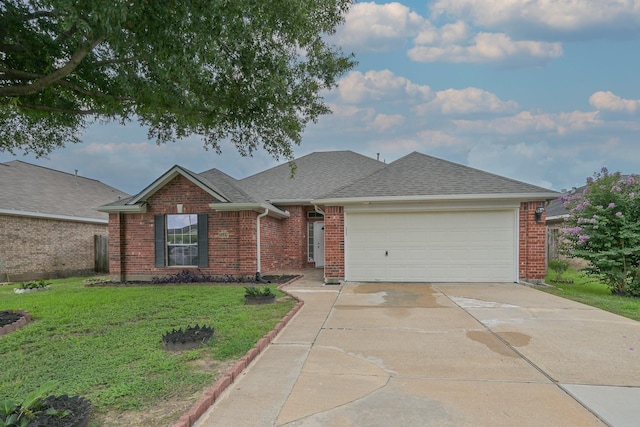 1518 Bugle Run Dr, Katy, TX 77449 - ranch-style home with a garage, concrete driveway, brick siding, a front lawn, and a shingled roof