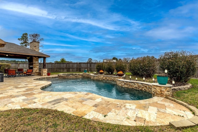 11443 Northam Dr, Tomball, TX 77375 - view of pool featuring a gazebo, a fenced backyard, a patio area, and a pool with connected hot tub
