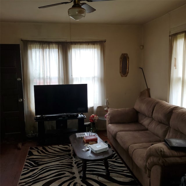 3607 Penn St, Houston, TX 77093 - living room with ceiling fan, plenty of natural light, and wood finished floors