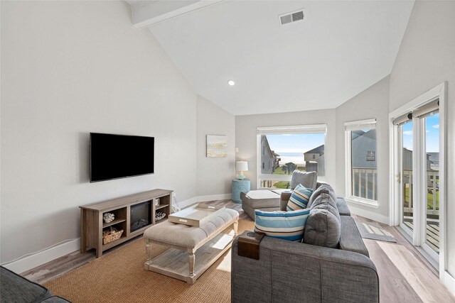 17711 Termini San Luis Pass Rd, Galveston, TX 77554 - living room with plenty of natural light, wood finished floors, high vaulted ceiling, and beamed ceiling