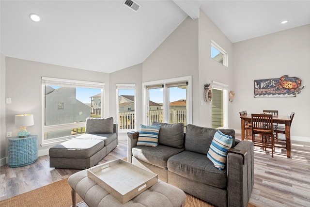 17711 Termini San Luis Pass Rd, Galveston, TX 77554 - living room with light wood finished floors, high vaulted ceiling, beam ceiling, and recessed lighting