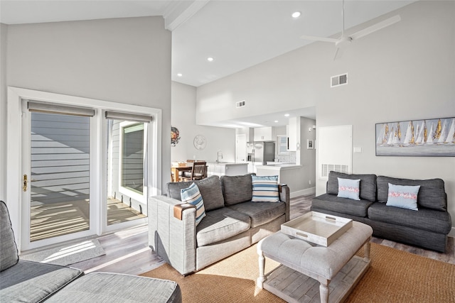 17711 Termini San Luis Pass Rd, Galveston, TX 77554 - living room featuring high vaulted ceiling, light wood-type flooring, recessed lighting, and ceiling fan