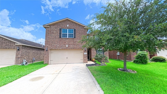1855 Garnet Breeze Dr, Rosharon, TX 77583 - traditional-style house featuring brick siding, driveway, a front lawn, and a garage