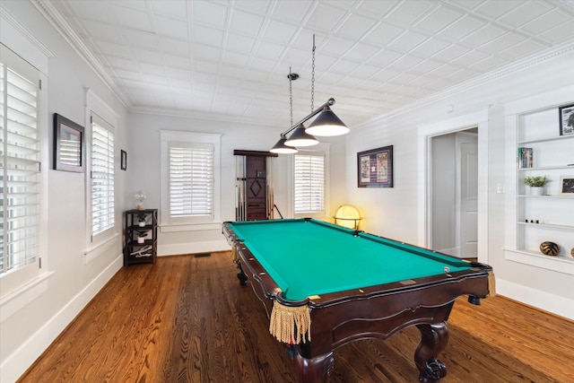 3404 Audubon Pl, Houston, TX 77006 - game room featuring billiards, built in features, wood finished floors, and crown molding