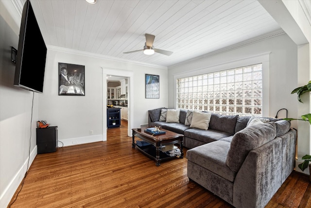 3404 Audubon Pl, Houston, TX 77006 - living room featuring a ceiling fan, crown molding, wood finished floors, and wooden ceiling