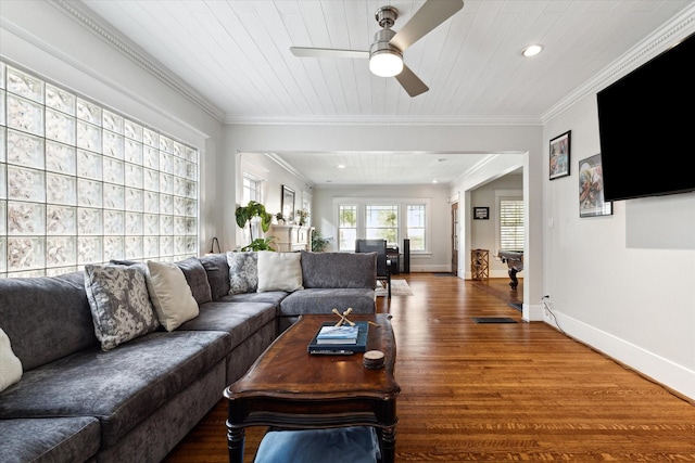 3404 Audubon Pl, Houston, TX 77006 - living room featuring ceiling fan, wood finished floors, recessed lighting, ornamental molding, and wood ceiling