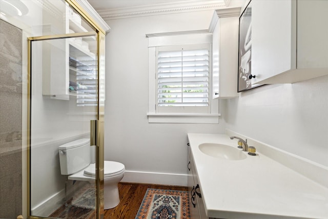 3404 Audubon Pl, Houston, TX 77006 - full bath featuring wood finished floors, vanity, a shower stall, and crown molding