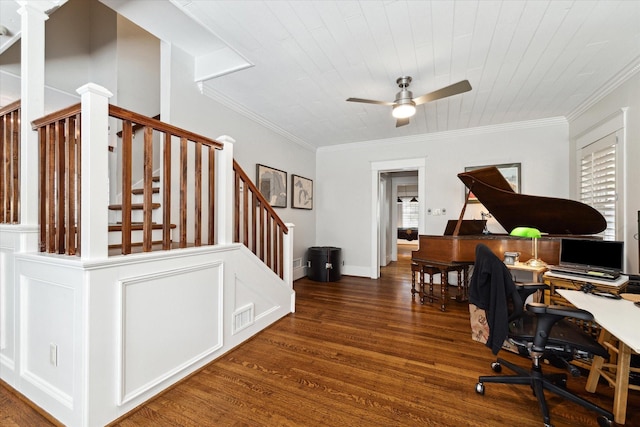 3404 Audubon Pl, Houston, TX 77006 - office with wood finished floors, a ceiling fan, crown molding, and healthy amount of natural light