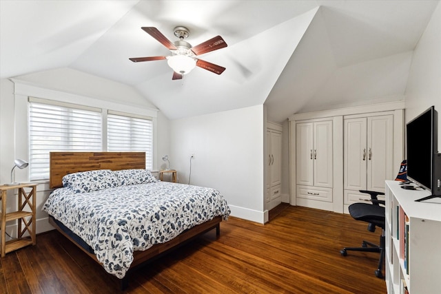 3404 Audubon Pl, Houston, TX 77006 - bedroom featuring lofted ceiling, wood finished floors, an office area, and a ceiling fan