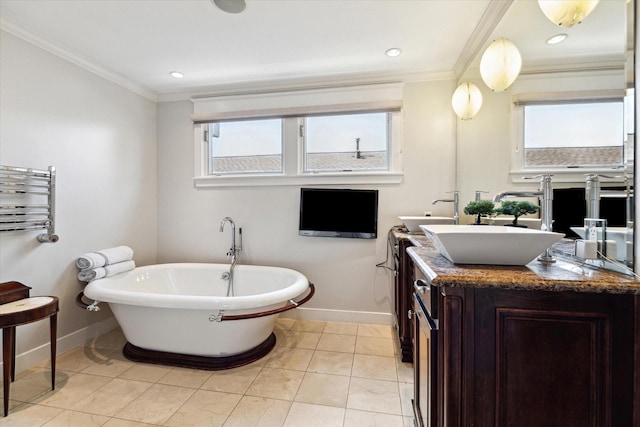 3404 Audubon Pl, Houston, TX 77006 - bathroom with crown molding, a soaking tub, radiator, healthy amount of natural light, and vanity