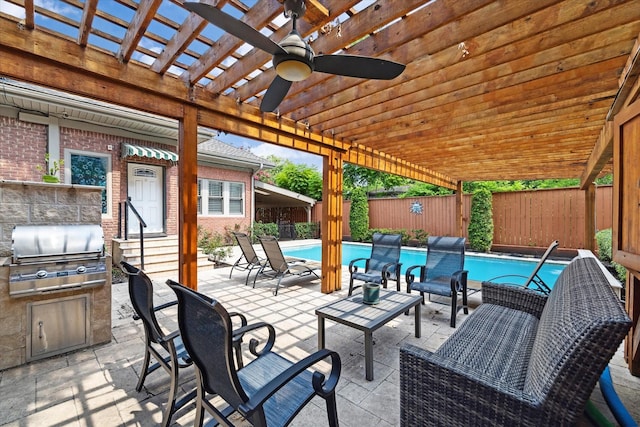3404 Audubon Pl, Houston, TX 77006 - fenced backyard featuring area for grilling, a pergola, entry steps, a patio area, and a ceiling fan