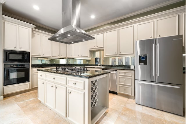 2217 Dunraven Ln, Houston, TX 77019 - kitchen featuring black appliances, island range hood, ornamental molding, a kitchen island, and dark stone countertops