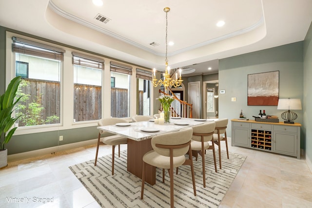 2217 Dunraven Ln, Houston, TX 77019 - dining area featuring a raised ceiling, a chandelier, light tile patterned floors, ornamental molding, and recessed lighting