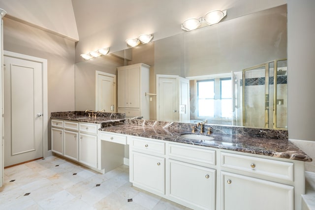 2217 Dunraven Ln, Houston, TX 77019 - full bathroom with double vanity, a shower stall, and a high ceiling