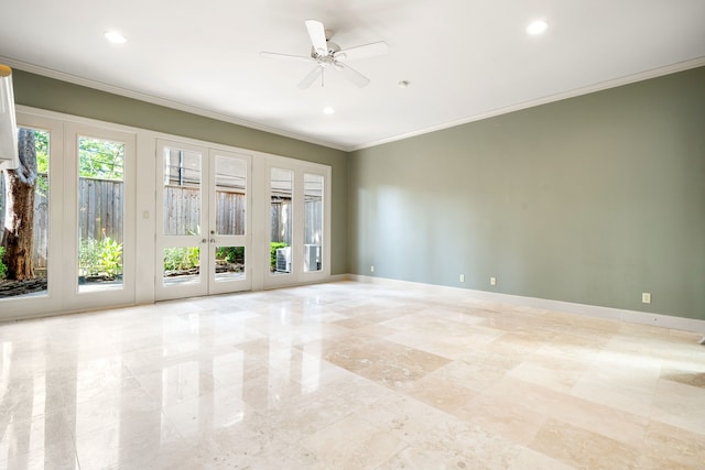 2217 Dunraven Ln, Houston, TX 77019 - unfurnished room featuring ornamental molding, a ceiling fan, french doors, and recessed lighting
