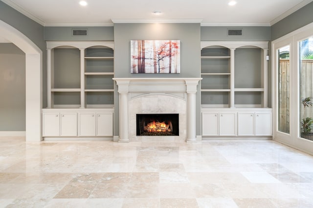 2217 Dunraven Ln, Houston, TX 77019 - unfurnished living room with ornamental molding, a fireplace, built in features, and recessed lighting