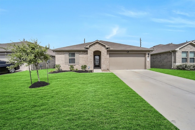 4310 Fornari Ln, Katy, TX 77449 - single story home featuring a garage, driveway, brick siding, a front lawn, and a shingled roof