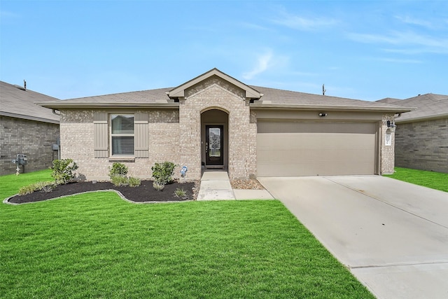 4310 Fornari Ln, Katy, TX 77449 - ranch-style house featuring a garage, driveway, a front lawn, brick siding, and roof with shingles