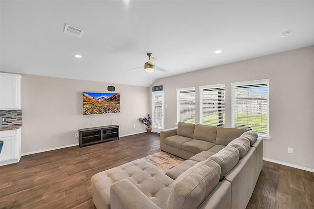 4310 Fornari Ln, Katy, TX 77449 - living area featuring ceiling fan, dark wood-style floors, recessed lighting, and lofted ceiling