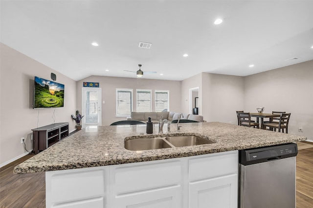 4310 Fornari Ln, Katy, TX 77449 - kitchen with dishwasher, a center island with sink, open floor plan, light stone countertops, and ceiling fan