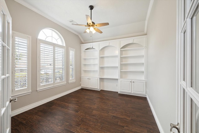 2508 Siskin Trl, League City, TX 77573 - unfurnished room featuring ornamental molding, ceiling fan, dark wood-style flooring, and lofted ceiling