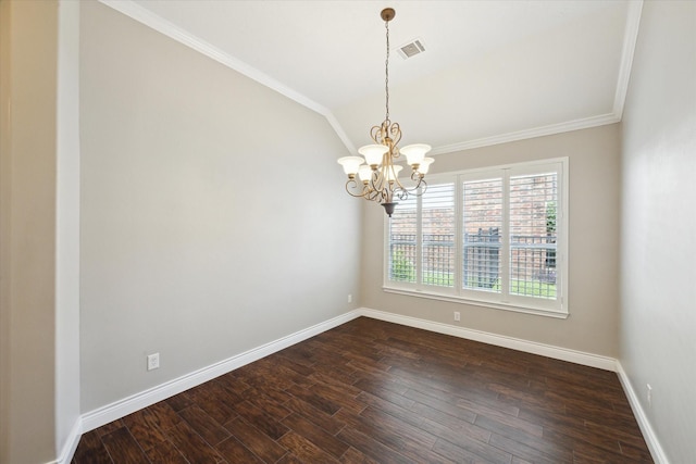 2508 Siskin Trl, League City, TX 77573 - empty room with a chandelier, vaulted ceiling, dark wood finished floors, and crown molding