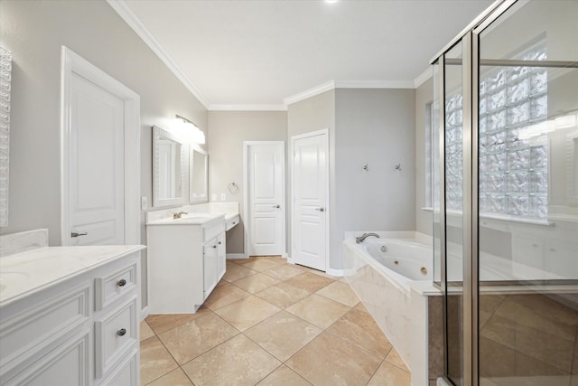 2508 Siskin Trl, League City, TX 77573 - full bathroom with two vanities, a shower stall, crown molding, and a jetted tub