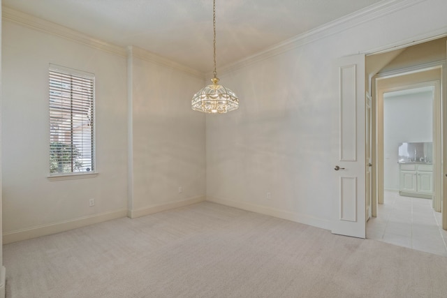 102 W Racing Cloud Ct, The Woodlands, TX 77381 - unfurnished room featuring carpet flooring, ornamental molding, and a chandelier
