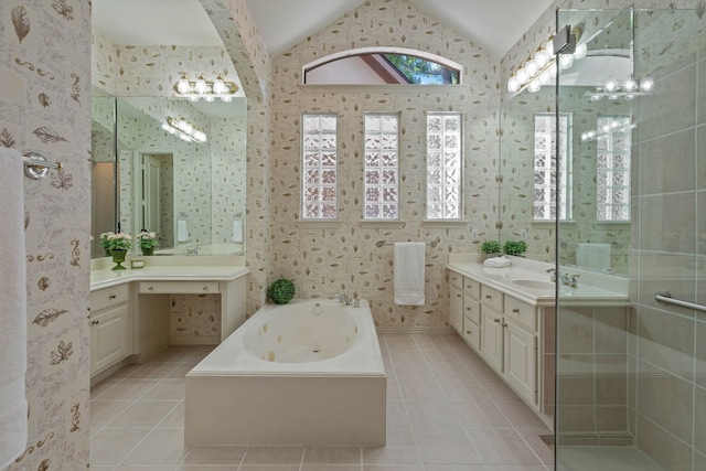 102 W Racing Cloud Ct, The Woodlands, TX 77381 - full bathroom featuring tile patterned flooring, a jetted tub, vaulted ceiling, and vanity